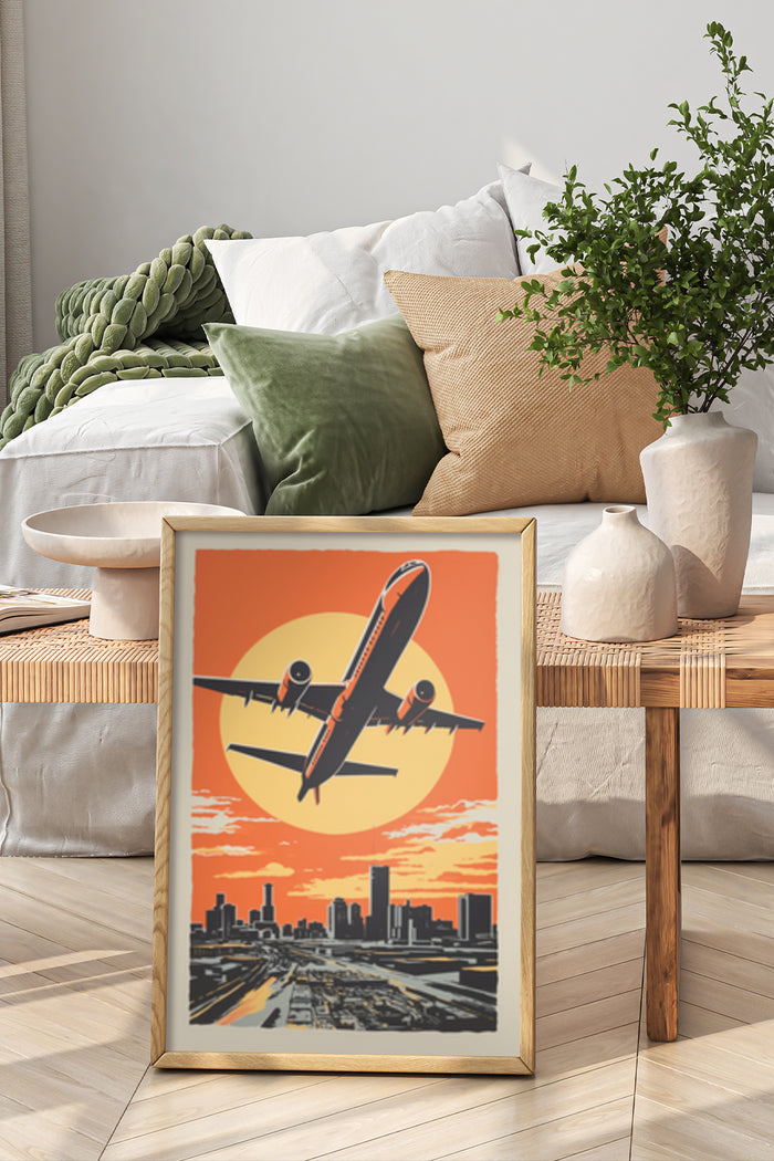 Vintage style airplane flying over city skyline at sunset poster framed in modern living room