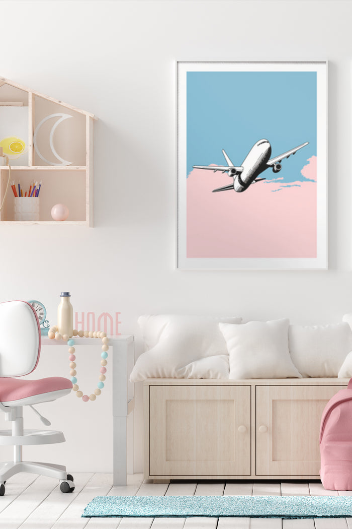 Modern airplane in the sky poster hung in a cozy room setting