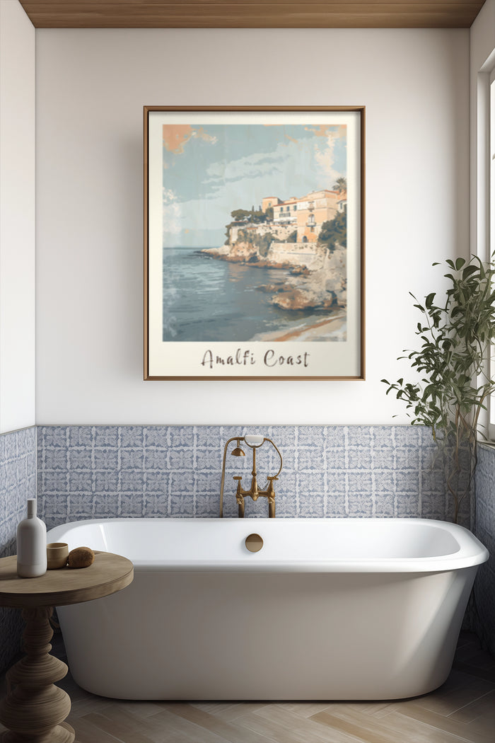 Elegant Amalfi Coast Travel Poster Displayed Above Freestanding Bathtub in Stylish Bathroom Decor