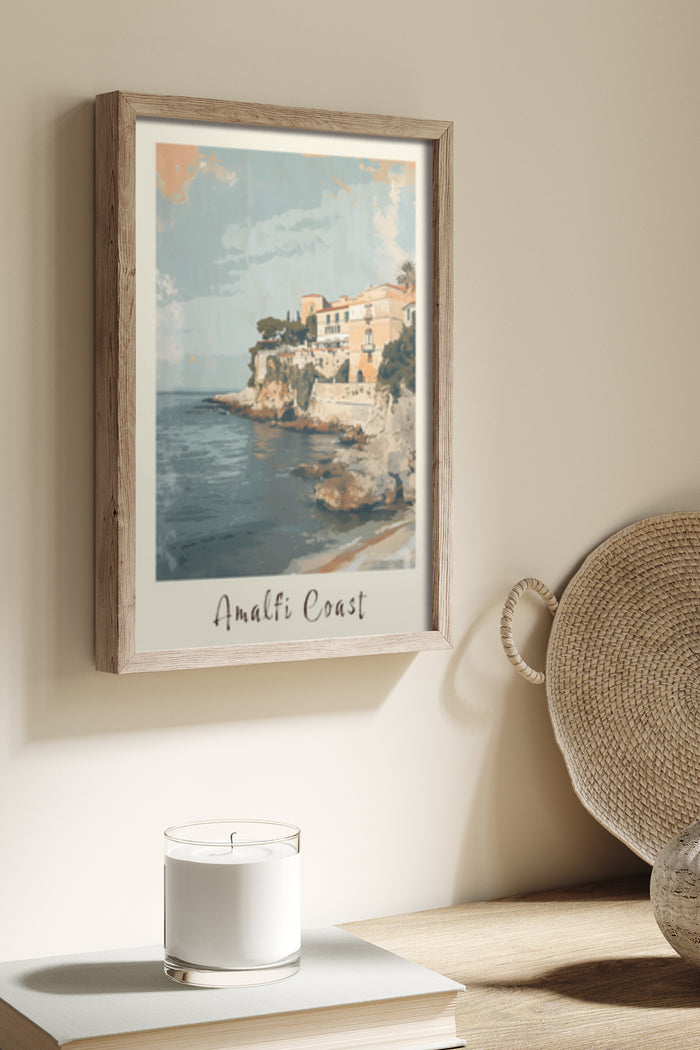 Vintage Travel Poster of Amalfi Coast in Wooden Frame on Wall