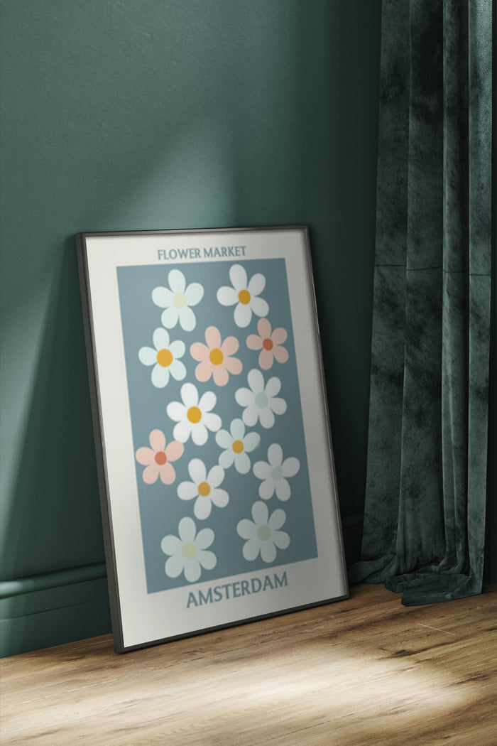 Poster advertising Amsterdam Flower Market with colorful daisies design