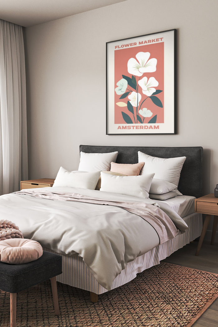 Elegant Amsterdam Flower Market poster in a modern bedroom setting