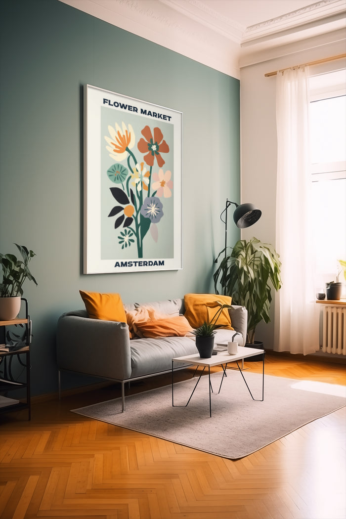 Stylish Amsterdam Flower Market poster hanging in a cozy living room interior with plants and modern furniture
