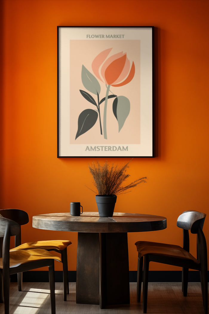 Amsterdam Flower Market poster art with stylized tulip in modern interior setting