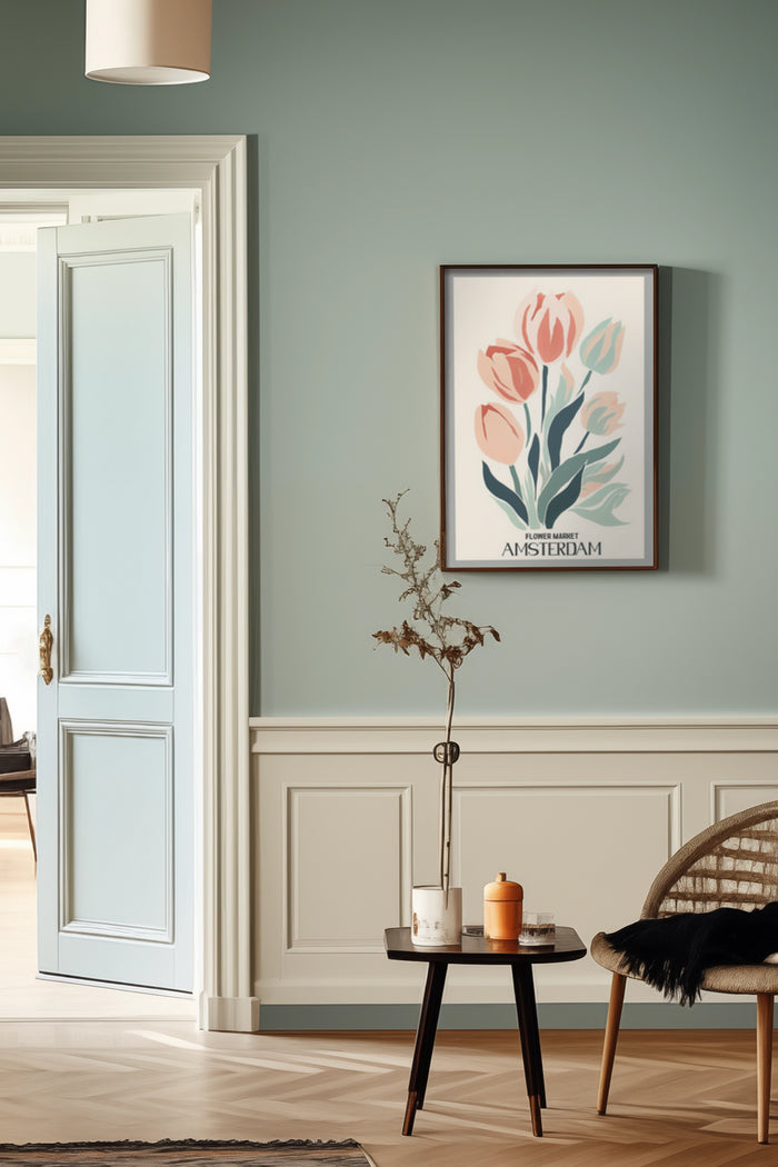 Elegant Amsterdam Flower Market poster with pastel tulips in stylish home interior