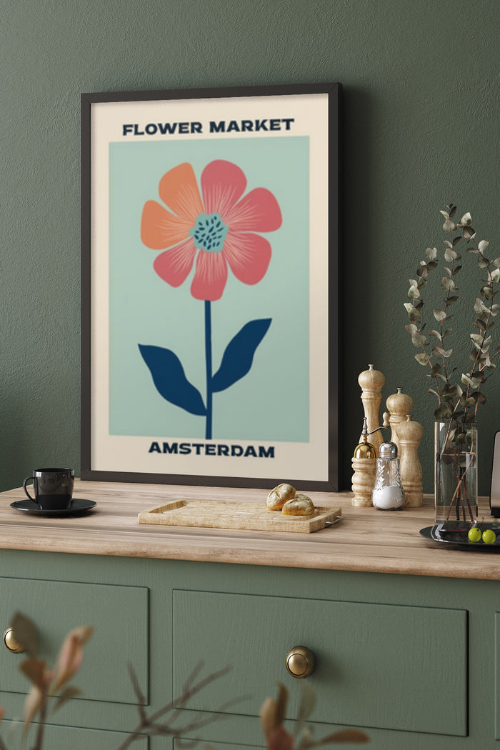 Amsterdam Flower Market Poster with a stylized red bloom