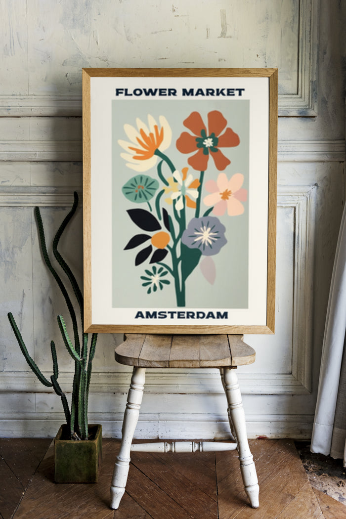 Vintage Amsterdam Flower Market Poster with Colorful Floral Illustration