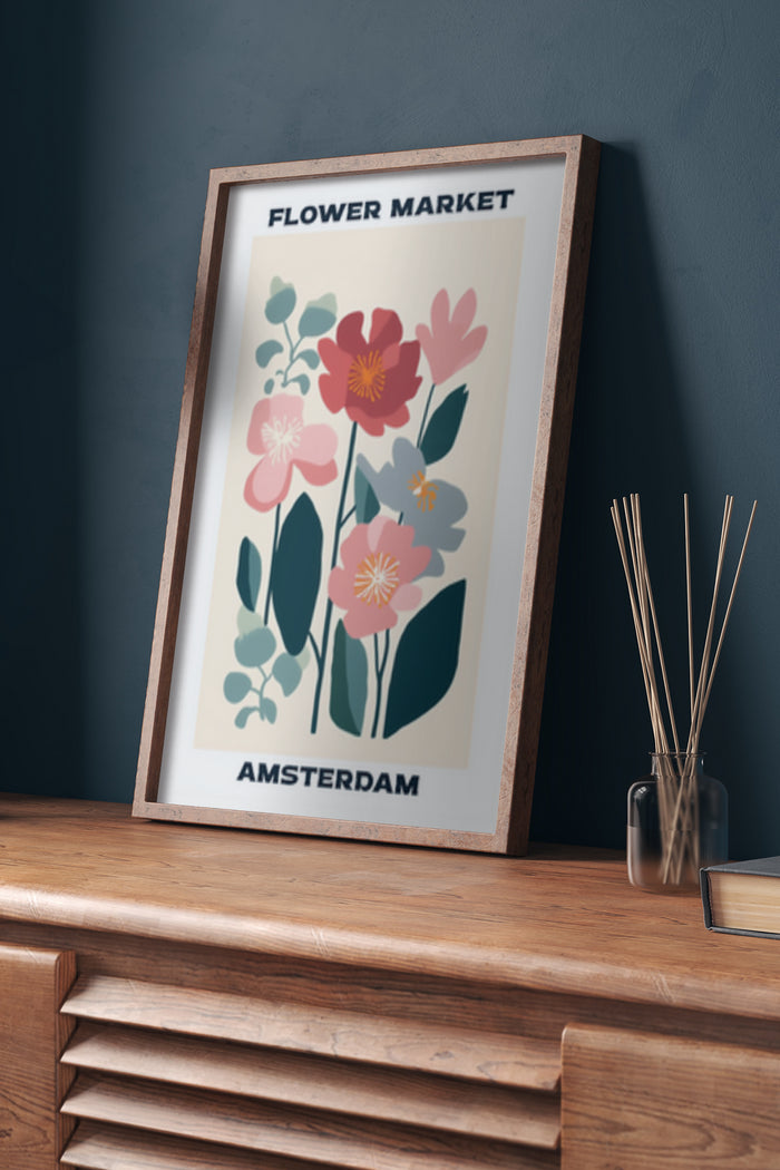 Stylized Amsterdam Flower Market poster displayed in a modern interior setting