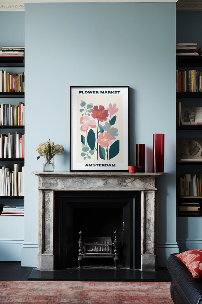 Elegant Amsterdam Flower Market poster in a sophisticated living room setting above a marble fireplace