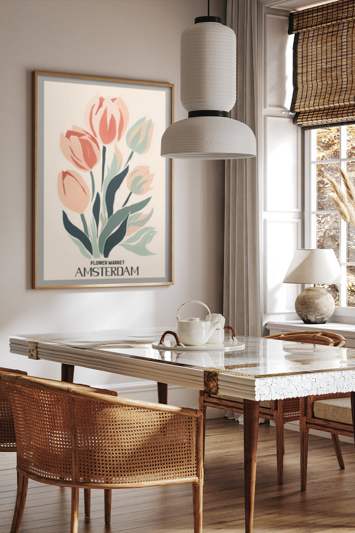 Stylish interior with Amsterdam Flower Market Tulip Poster on wall