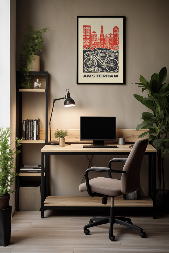 Amsterdam vintage travel poster with iconic architecture and bicycle in a modern home office setting