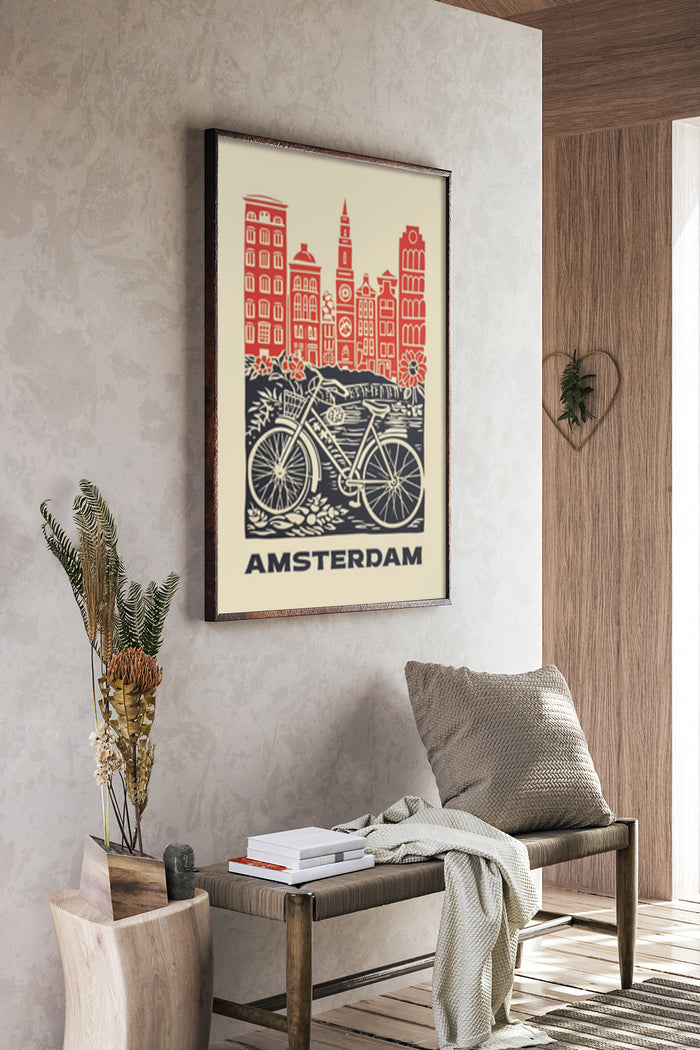 Vintage Amsterdam travel poster featuring iconic architecture and a bicycle
