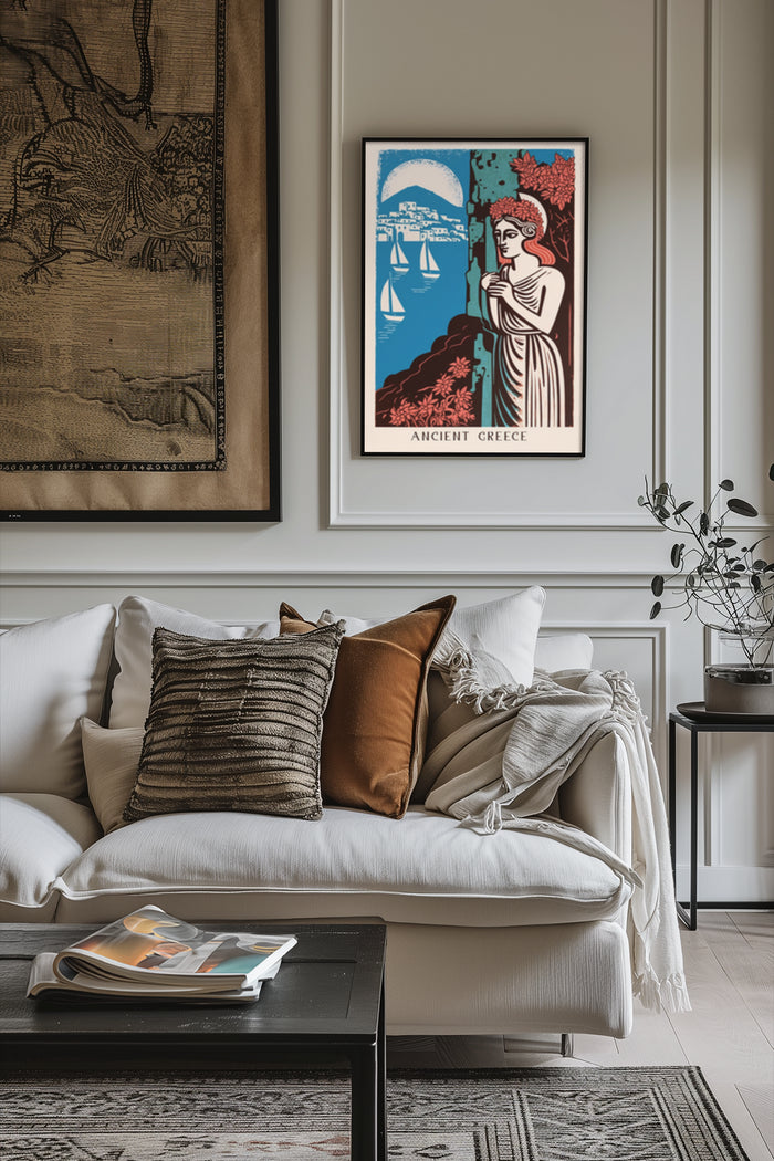 Vintage Ancient Greece style poster framed on the wall in a contemporary interior design setting