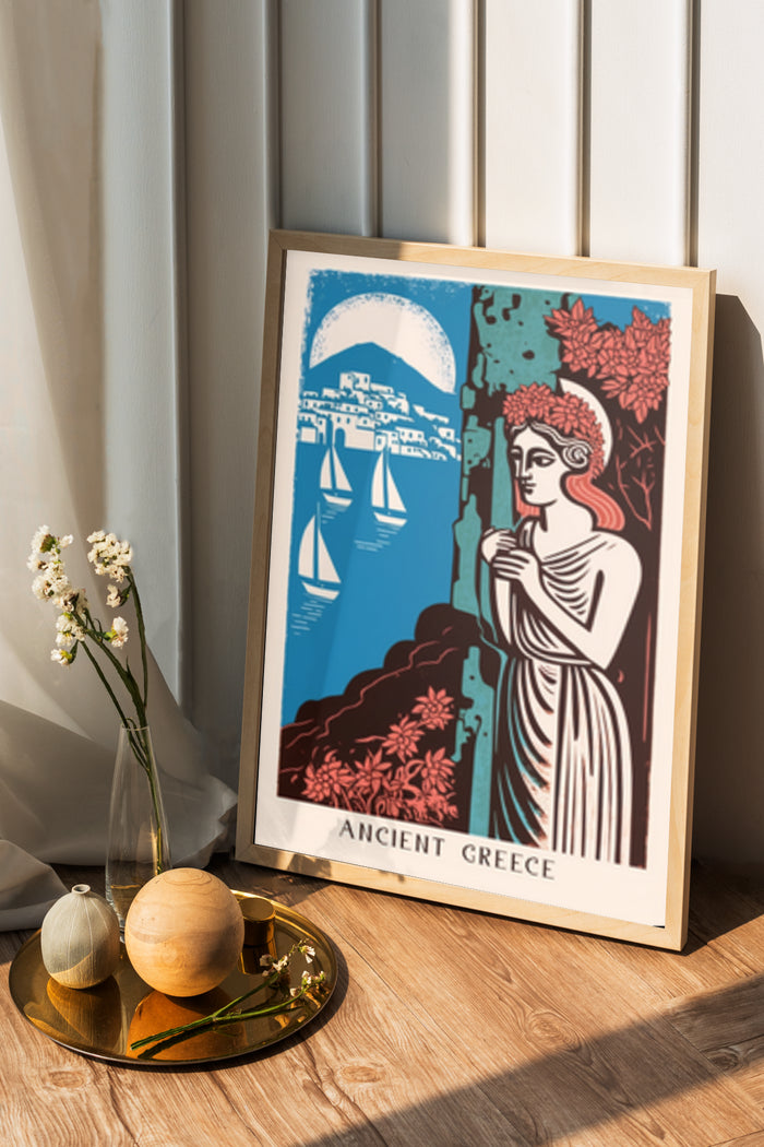 Artistic Ancient Greece travel poster with mythical figure and sailboats