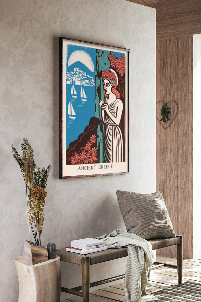 Ancient Greece travel poster featuring mythological figure and coastal scene hanging in a modern interior