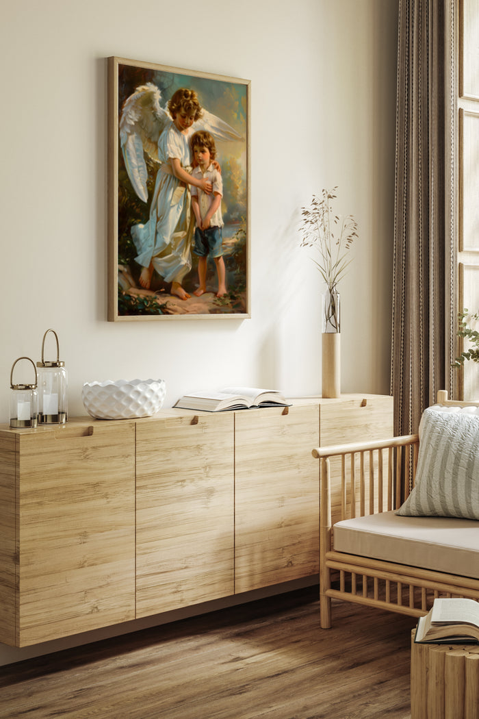 Classic angel and children artwork poster framed on a living room wall