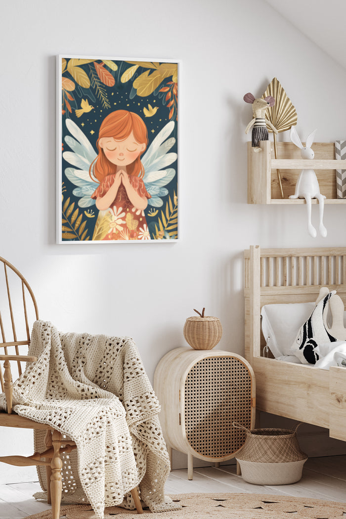 Illustration of a serene angelic child with wings surrounded by golden leaves and stars, fantasy art poster displayed in modern nursery room