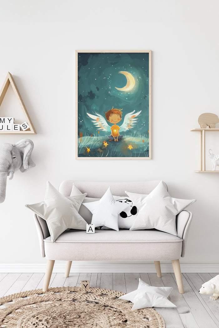 Illustration of a child with angel wings holding a star in a whimsical night scene poster