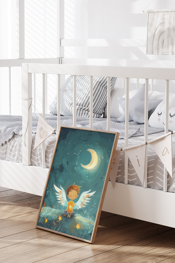 Nursery room poster featuring an angelic child with wings under the moonlight
