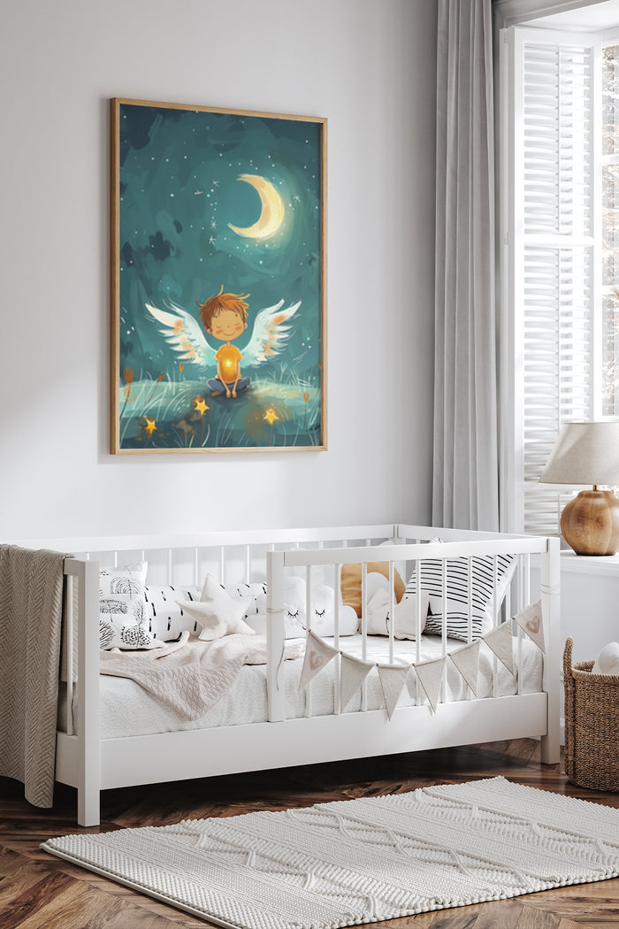 Angelic Child with Glowing Lamp on Moonlit Night Poster Art in Nursery Room