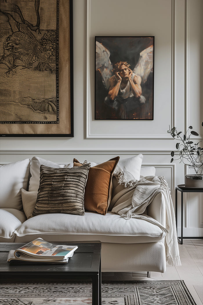 Contemporary angel-inspired artwork in stylish interior design with cozy white couch and elegant pillows