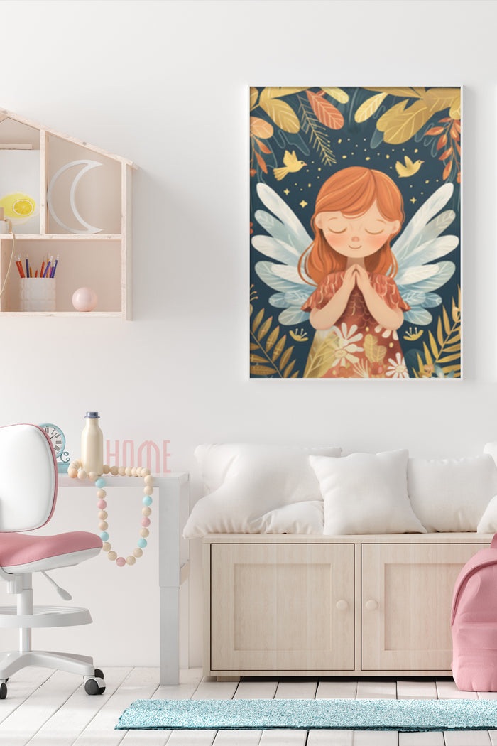 Illustrated fantasy poster of a serene girl with angel wings surrounded by nature elements