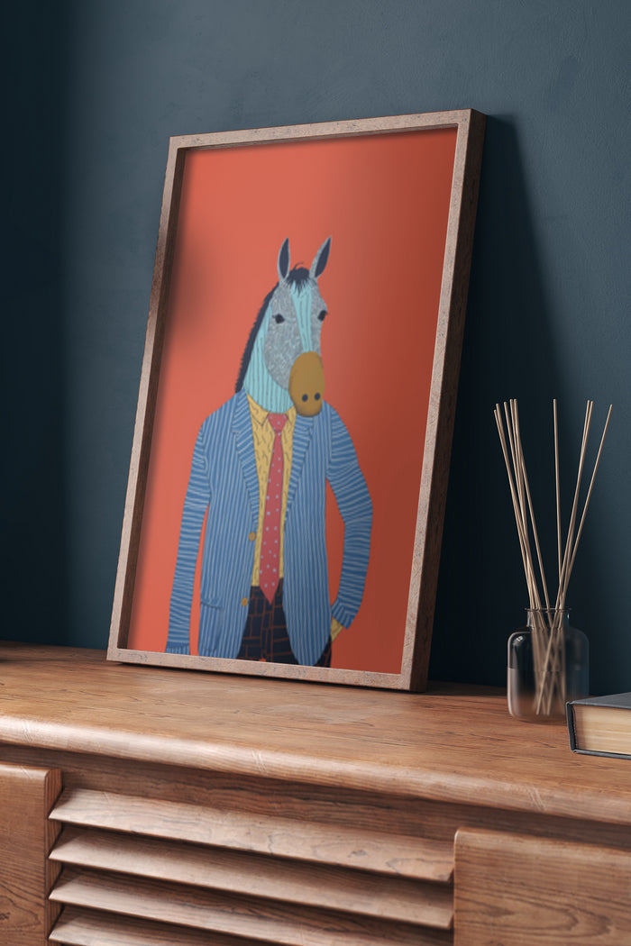 Stylized animal portrait in blue striped suit and yellow tie poster art