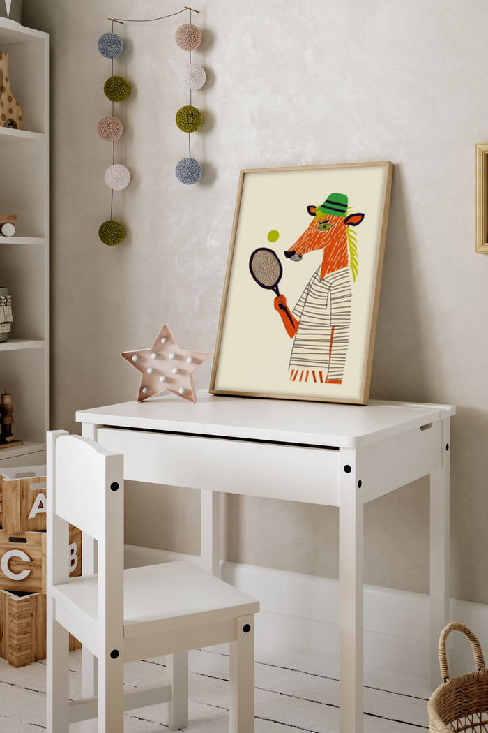 Cartoon fox with tennis racket playful artwork in a white frame on a children's desk