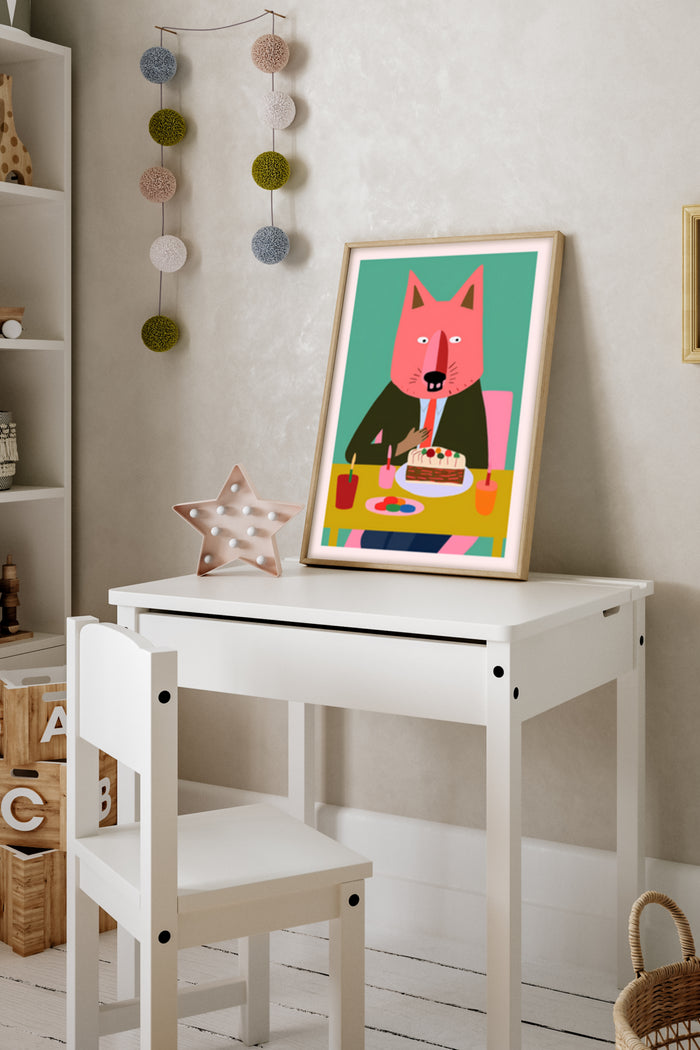 Colorful animated poster of a pink cat with a birthday cake in a stylish kids room setting