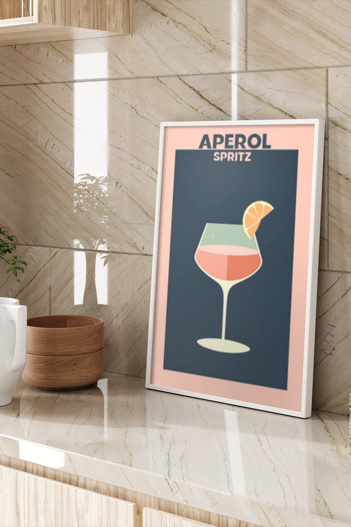 Minimalist Aperol Spritz cocktail advertisement poster in a modern interior setting