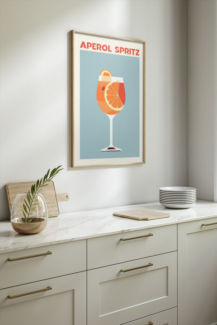 Aperol Spritz cocktail poster framed on a kitchen wall, modern home decor