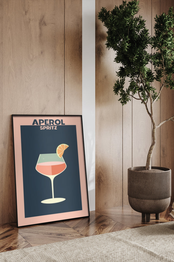 Modern Aperol Spritz cocktail advertisement poster in a stylish interior setting