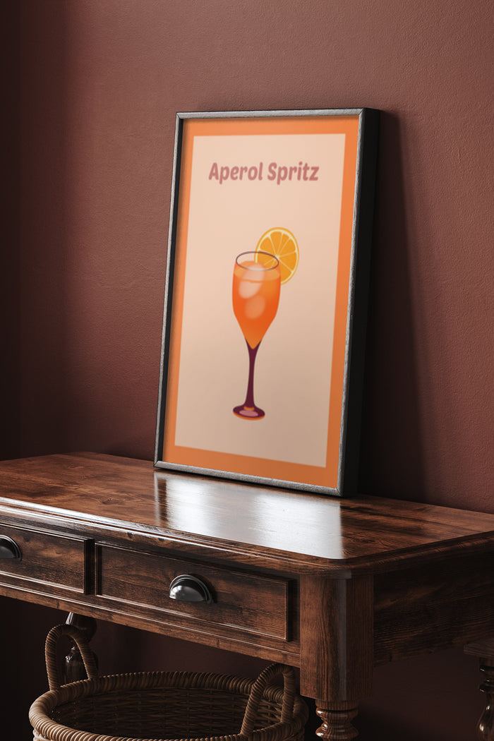 Aperol Spritz cocktail illustration poster framed on a wooden sideboard