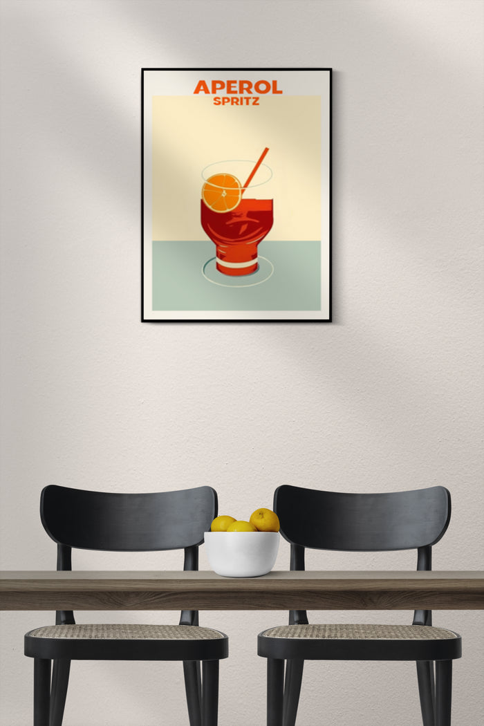 Aperol Spritz cocktail advertisement poster displayed in a modern dining setting