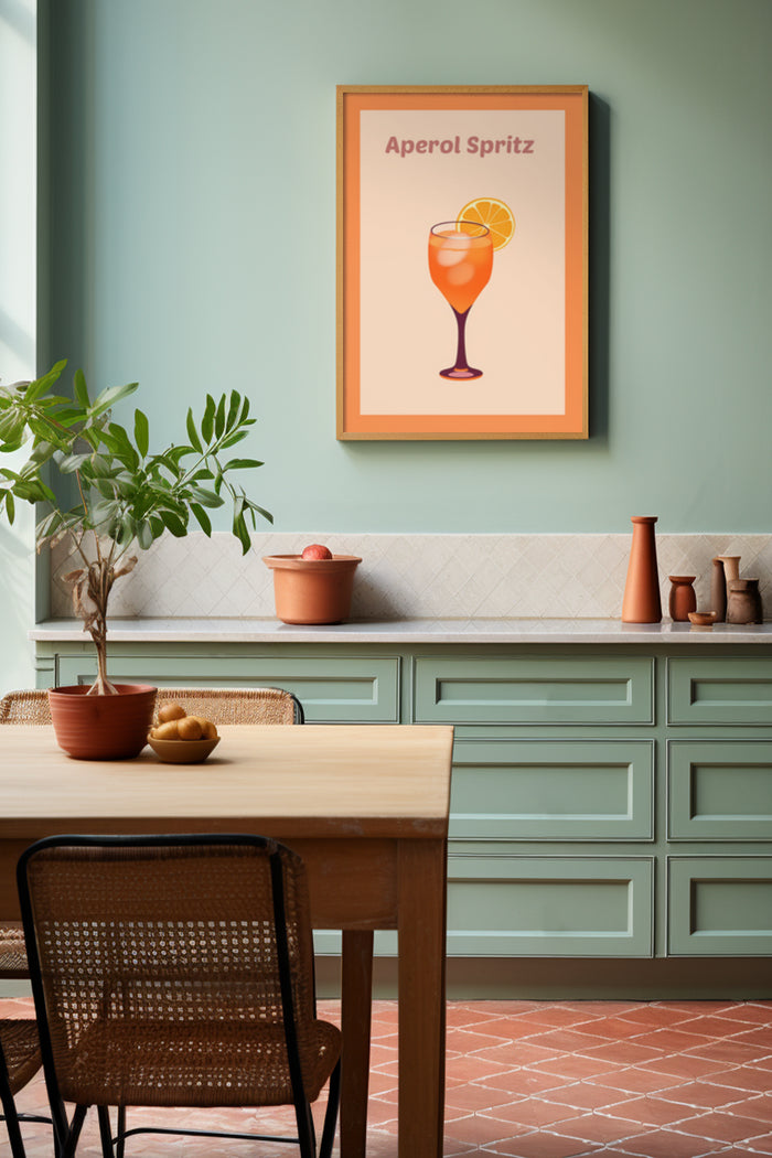 Aperol Spritz cocktail poster displayed in a modern kitchen setting
