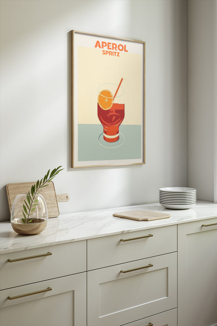 Aperol Spritz cocktail vintage poster framed in a modern kitchen setting