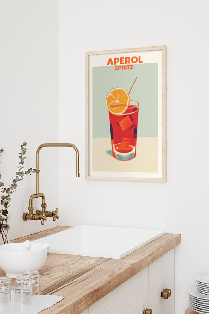 Aperol Spritz cocktail vintage poster artwork displayed in a modern kitchen