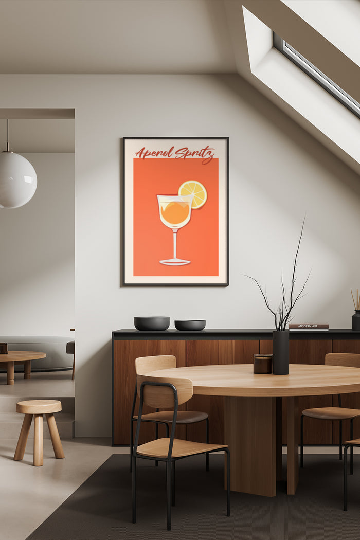 Minimalist Aperol Spritz Cocktail Poster Art in Stylish Restaurant Setting