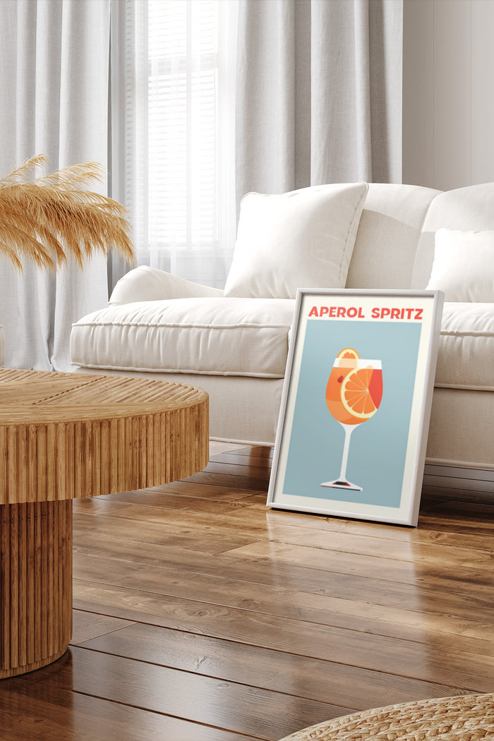 Stylish Aperol Spritz cocktail advertisement poster placed in a contemporary living room setting
