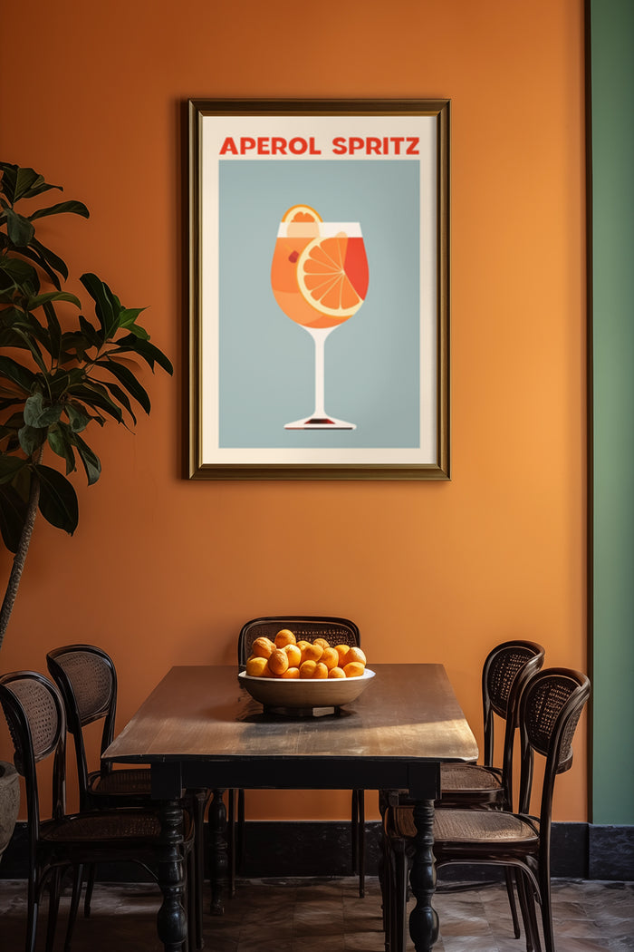 Aperol Spritz Poster in a Stylish Cafe Interior with Orange Wall and Wooden Table with Oranges