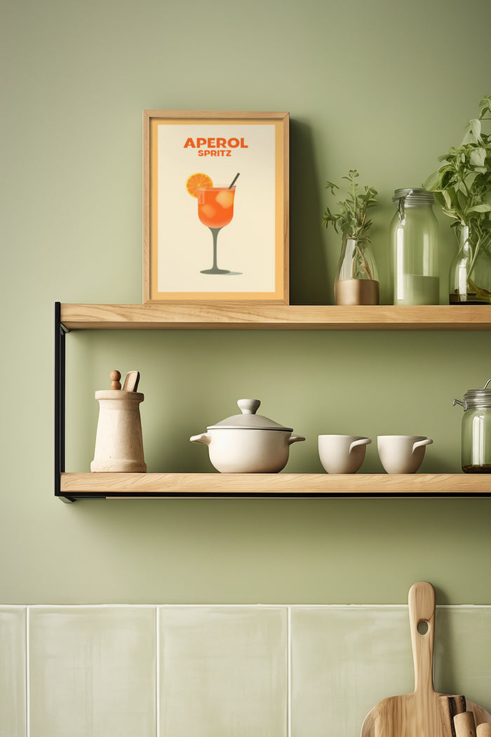 Aperol Spritz cocktail framed poster on kitchen shelf among plants and pottery
