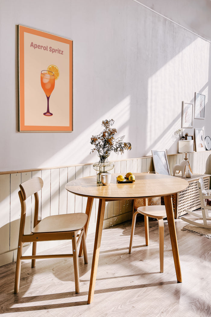 Aperol Spritz cocktail poster in stylish sunny interior with wooden furniture