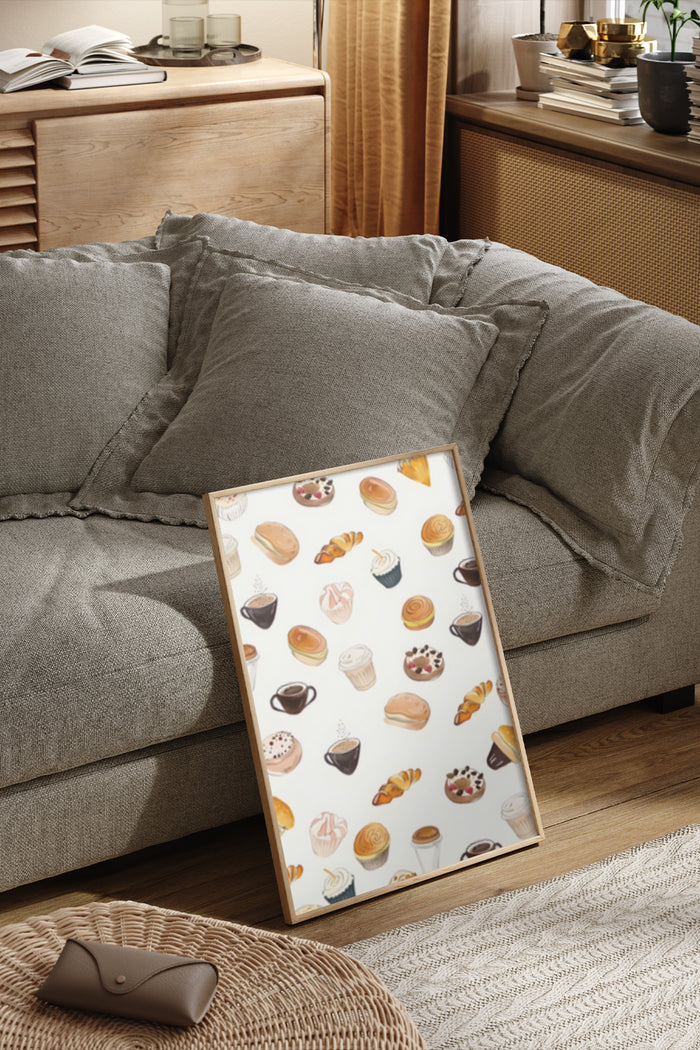 Cozy home interior with a decorative poster featuring various pastries and coffee illustrations leaned against a couch