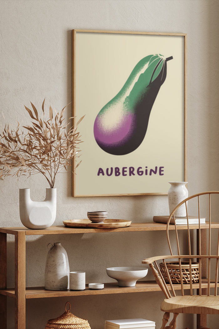 Contemporary aubergine poster art with stylish kitchen interior design