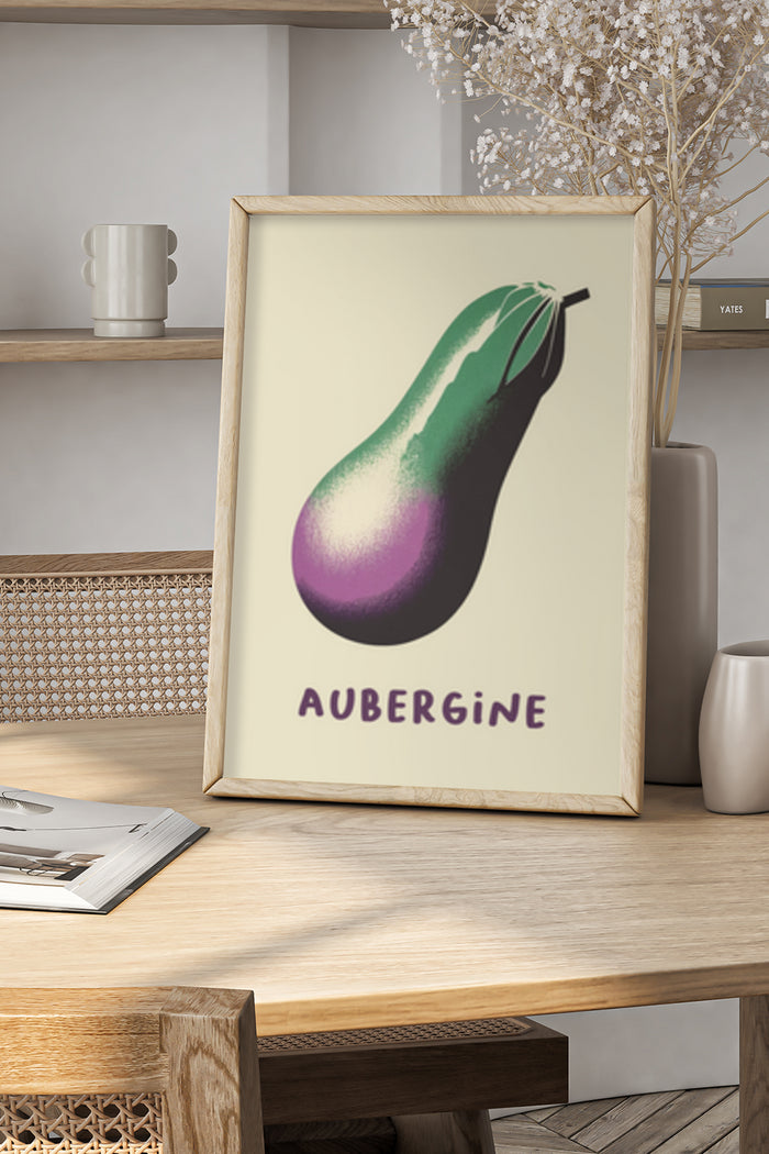 Elegant aubergine vegetable artwork poster framed and displayed in a modern home interior