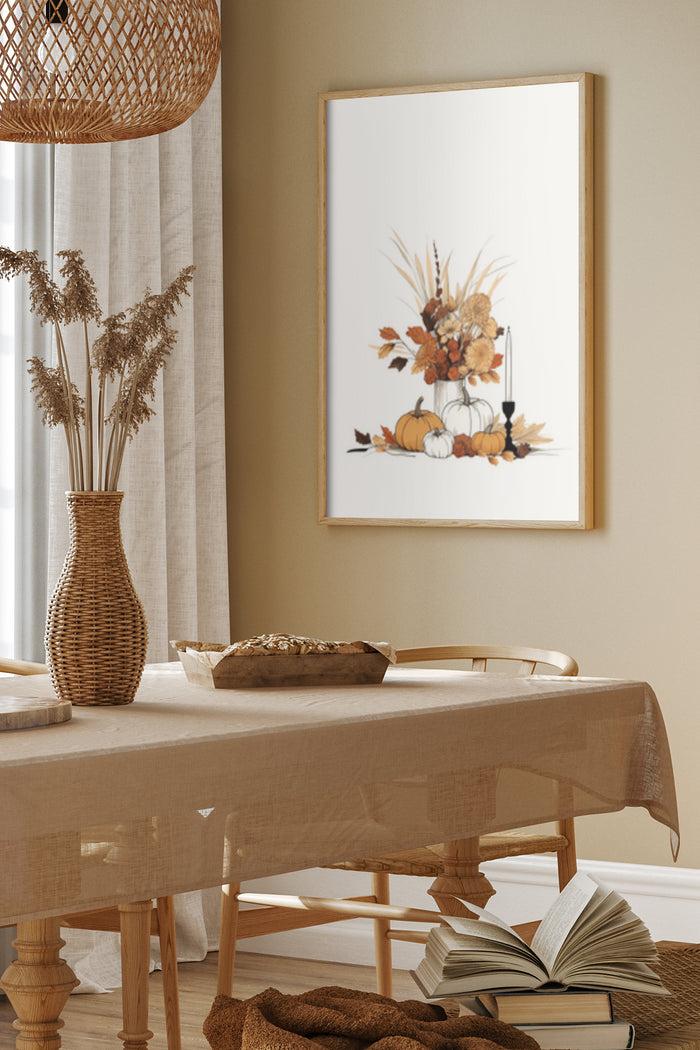 Autumn Inspired Art Poster Featuring a Bouquet, Pumpkins, and a Candle in a Modern Home Setting