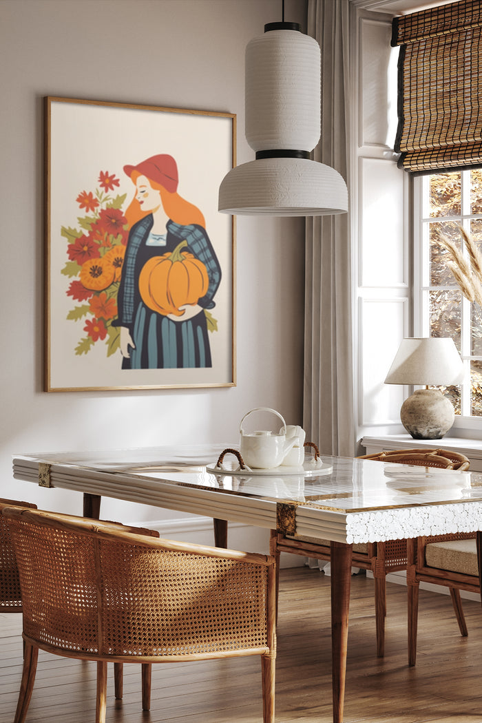 Artistic poster of a woman holding a pumpkin with autumn leaves representing harvest season in a modern home interior