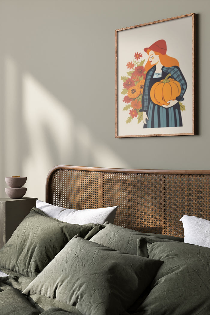 Stylish autumn harvest poster featuring a woman holding a pumpkin with colorful fall leaves, ideal for seasonal home decor