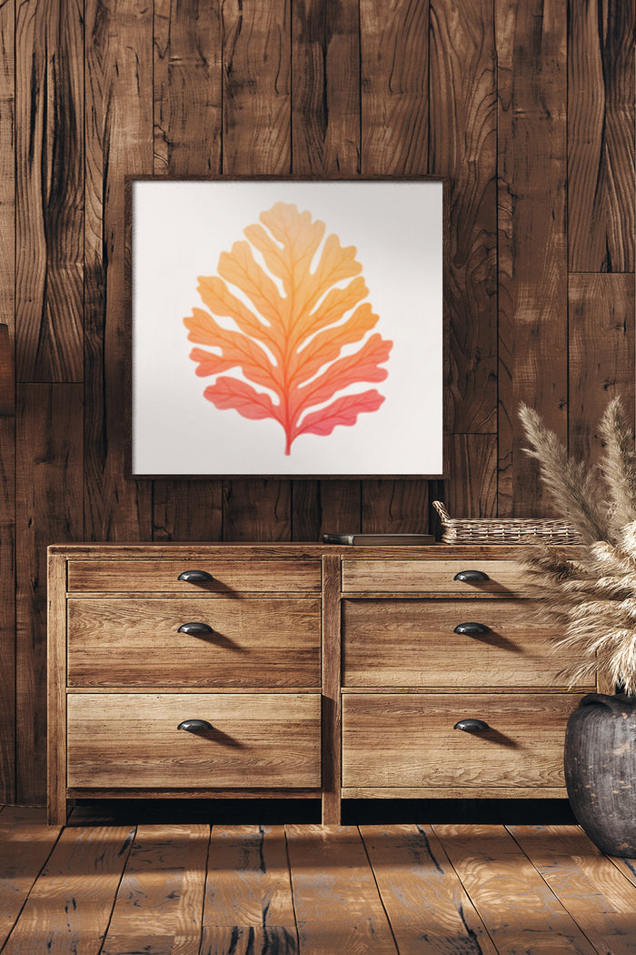 Colorful autumn leaf artwork displayed in a rustic wooden room setting