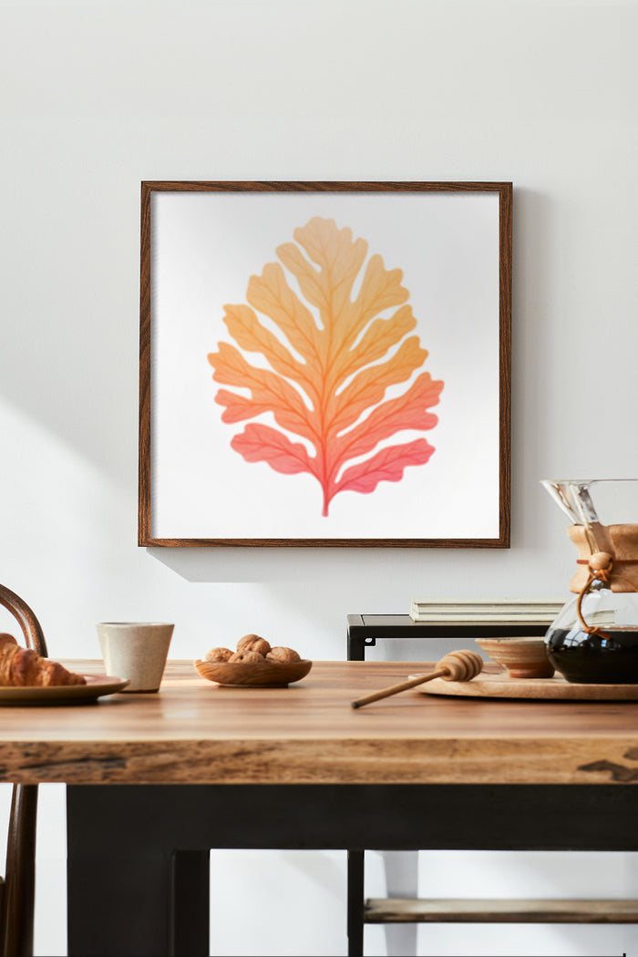 Autumn Leaf Artwork in Wooden Frame on Kitchen Wall, with Coffee and Pastries on Table